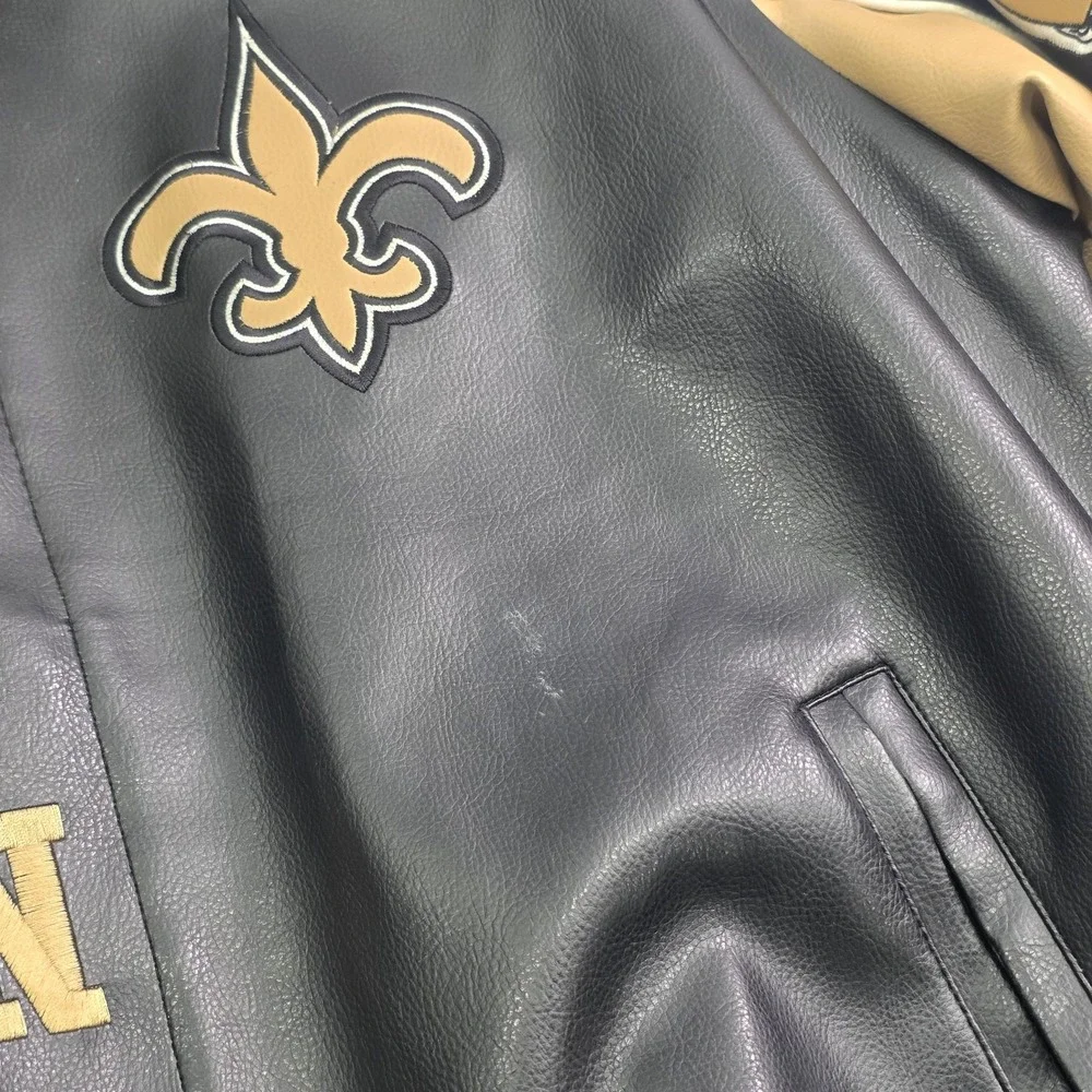New Orleans Saints Faux Leather Jacket Men's Size L G-III NFL Embroidered Patch